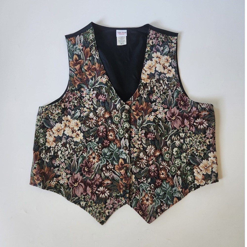 Vintage Bobbie Brooks Floral Tapestry V Neck Button Down Waist Coat Vest 18 20